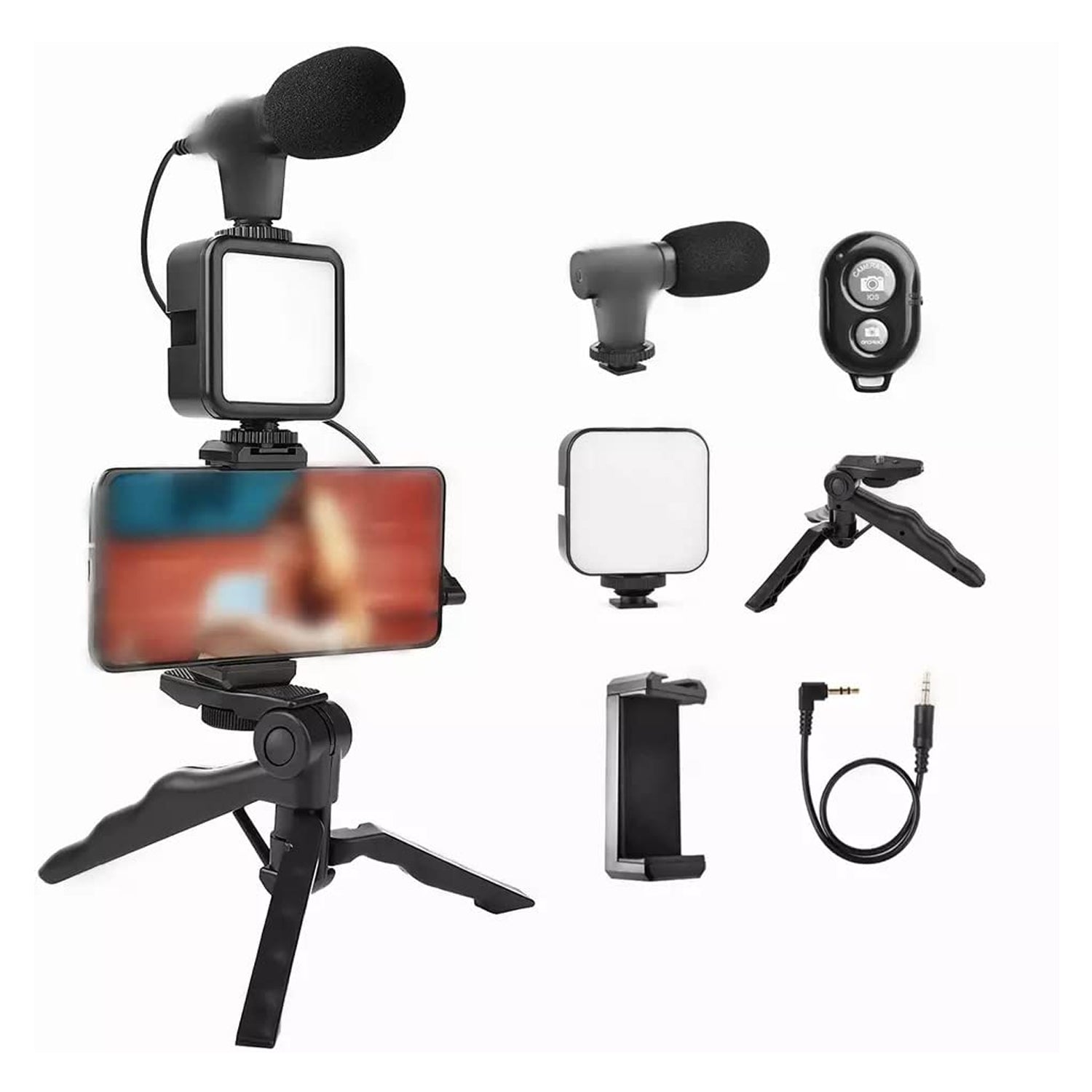 Vlogging kit showing microphone and light Vlogging kit showing microphone and light